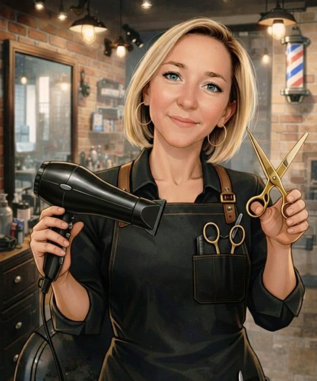 Portrait illustré de Ludivine, ciseaux et sèche-cheveux en main